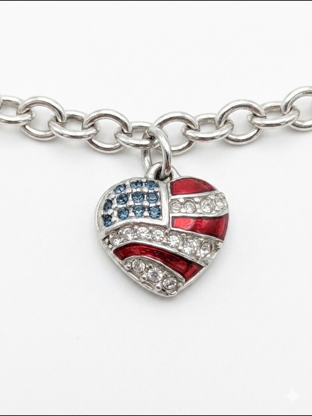 Vintage Swarovski Crystal Bracelet Red White Blue Flag & Heart Charm 7"